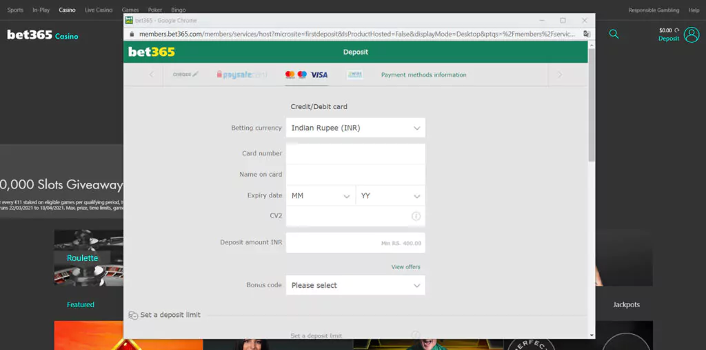 Bet365 bonus field.
