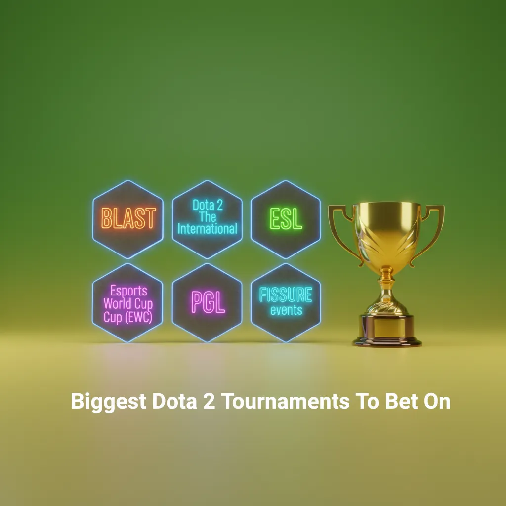 Graphic of biggest Dota 2 tournaments to bet on: TI, BLAST, ESL, EWC, PGL, FISSURE, with futures, series lines, live props.