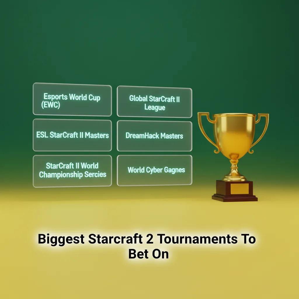Graphic of top StarCraft II tournaments to bet on: EWC, GSL, ESL/EPT, IEM Katowice, TSL, HomeStory Cup, WardiTV.
