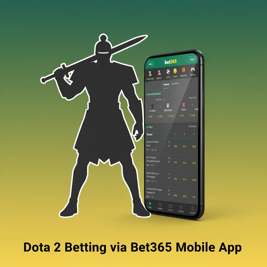 Bet365 mobile app on a phone showing Dota 2 live betting markets, odds, and matches with a bet slip open.