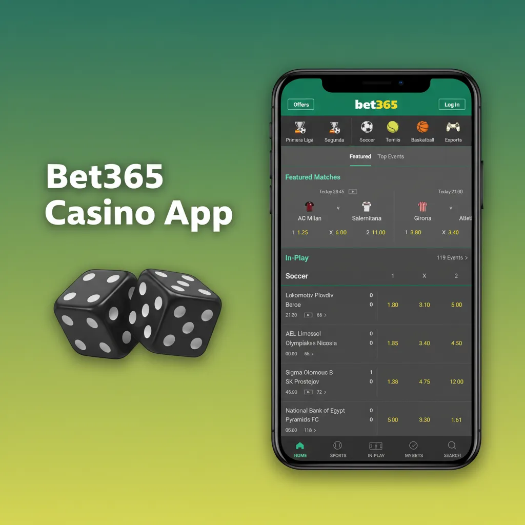 Bet365 Casino app home screen with popular tables and live games, roulette, blackjack, baccarat, slots, and a Promotions tab