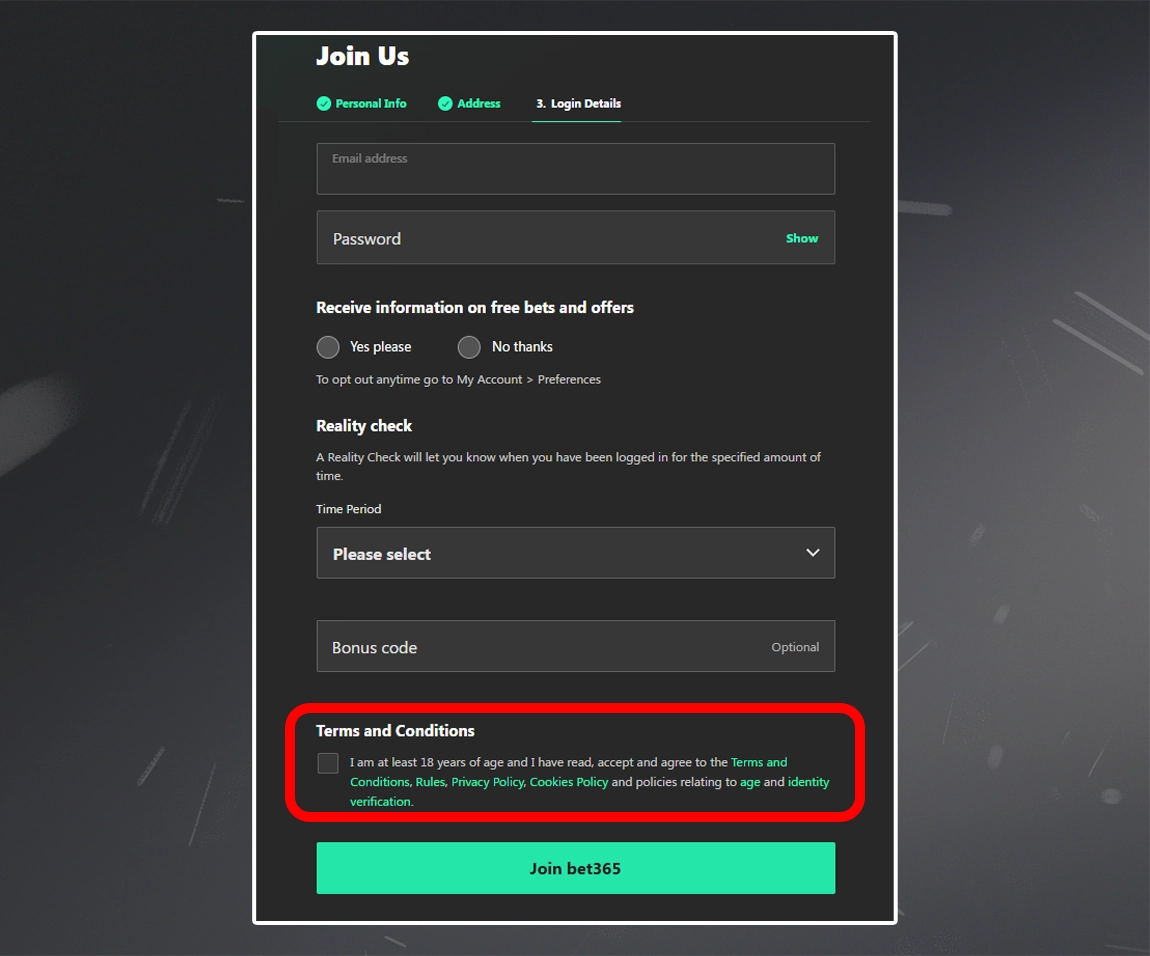 Review and accept bet365 terms
