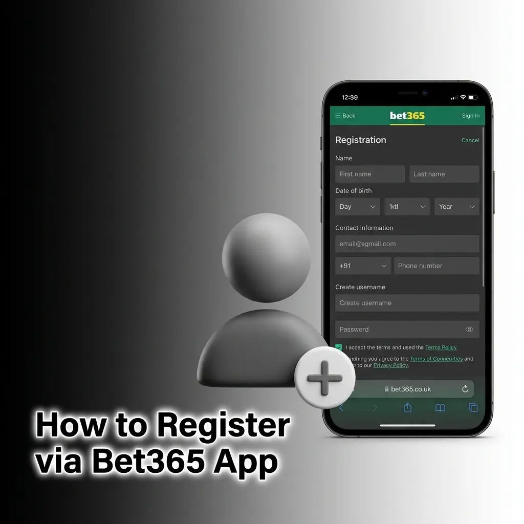 Bet365 app registration form on mobile showing sign-up steps including personal details, currency selection, and bonus code field